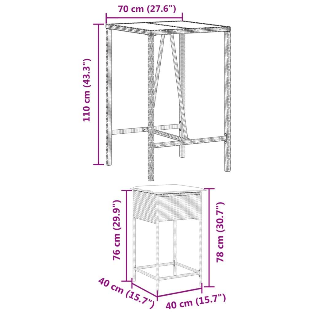 vidaXL 3-tlg. Gartenbar-Set mit Kissen Schwarz Poly Rattan