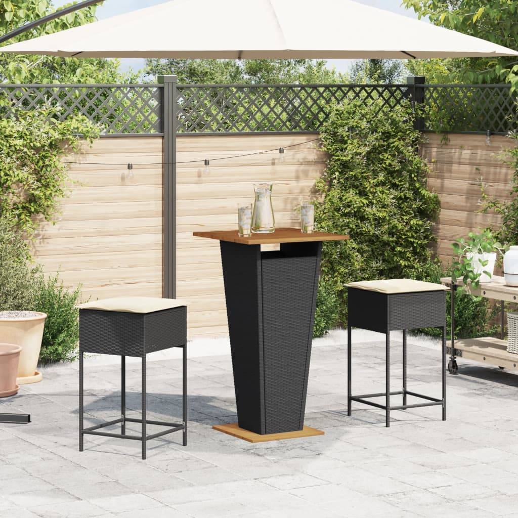 vidaXL 3-tlg. Gartenbar-Set mit Kissen Schwarz Poly Rattan
