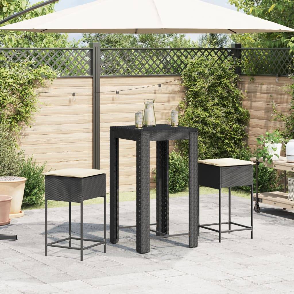 vidaXL 3-tlg. Gartenbar-Set mit Kissen Schwarz Poly Rattan