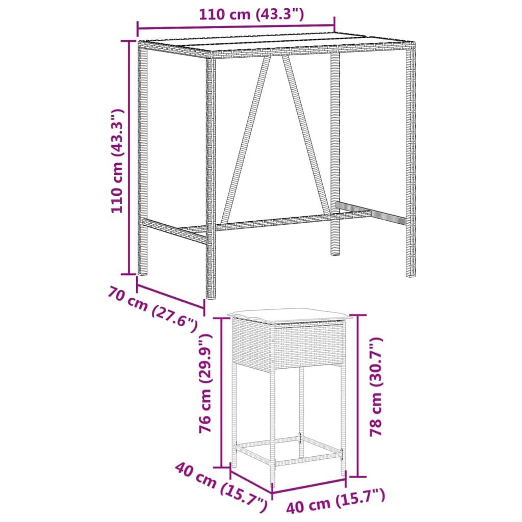 vidaXL 5-tlg. Gartenbar-Set mit Kissen Schwarz Poly Rattan