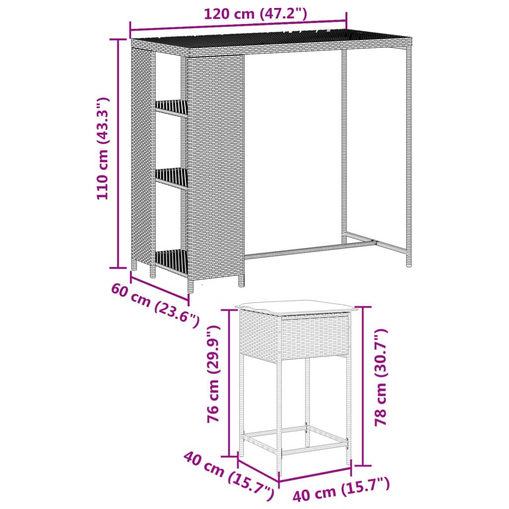 vidaXL 3-tlg. Gartenbar-Set mit Kissen Schwarz Poly Rattan