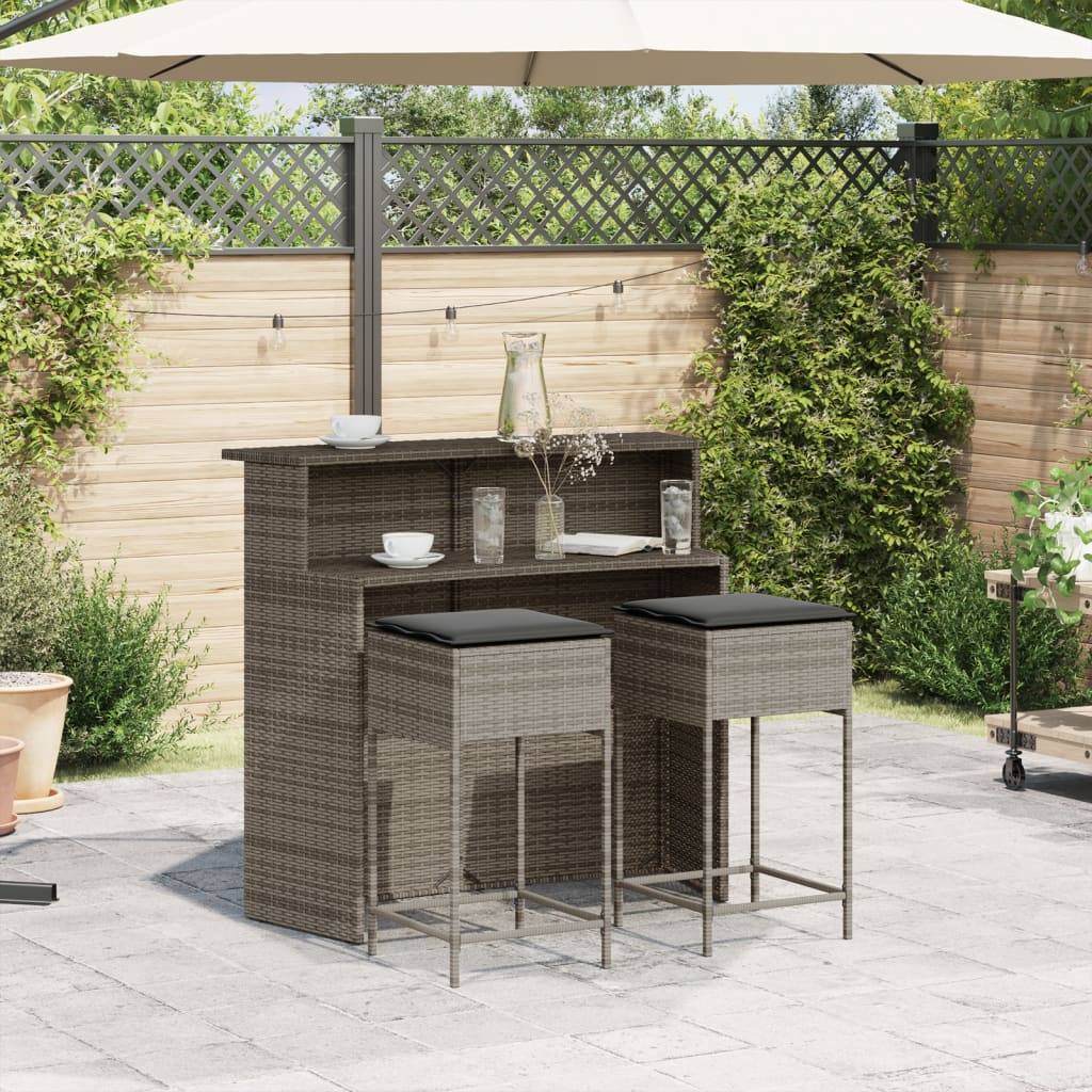 vidaXL 3-tlg. Gartenbar-Set mit Kissen Grau Poly Rattan