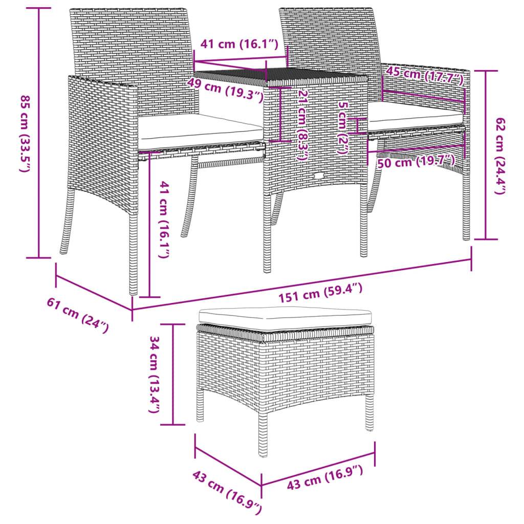 vidaXL 2-Sitzer-Gartensofa mit Tisch & Hocker Poly Rattan Braun