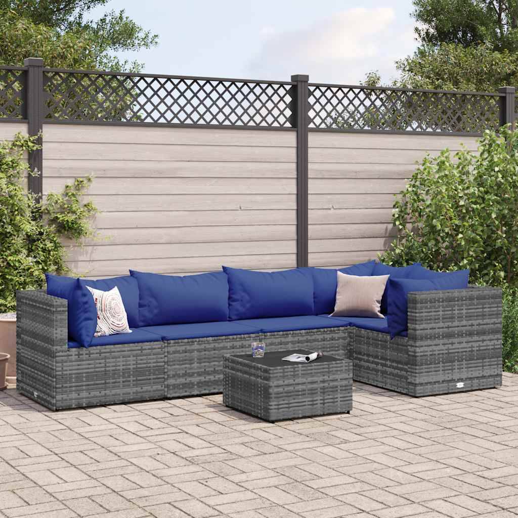 vidaXL 6-tlg. Garten-Lounge-Set mit Kissen Grau Poly Rattan