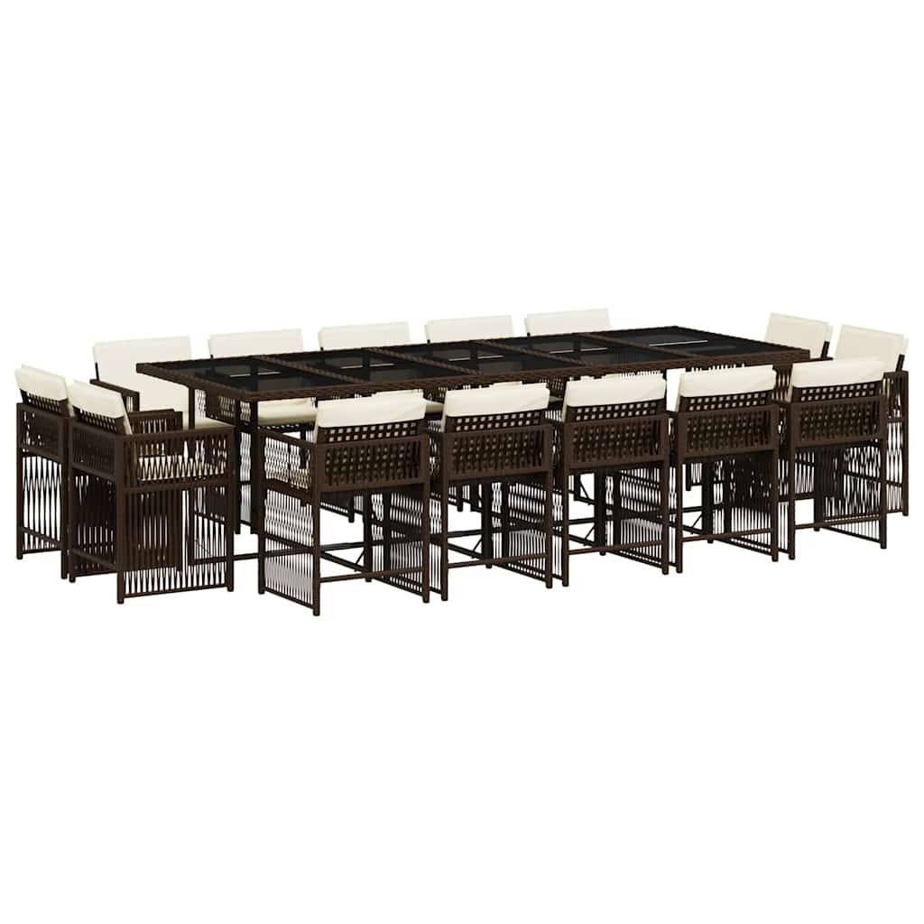 vidaXL 15-tlg. Garten-Essgruppe mit Kissen Braun Poly Rattan