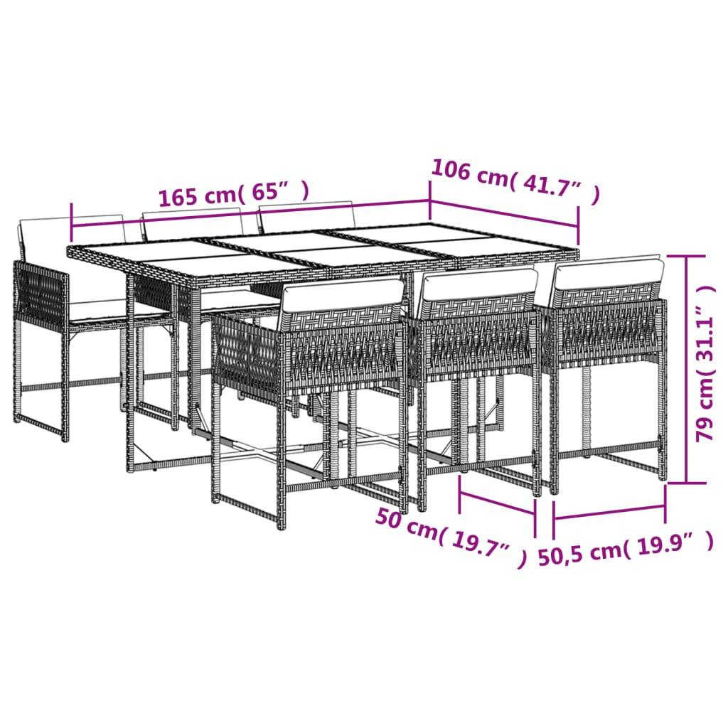 vidaXL 7-tlg. Garten-Essgruppe mit Kissen Hellgrau Poly Rattan