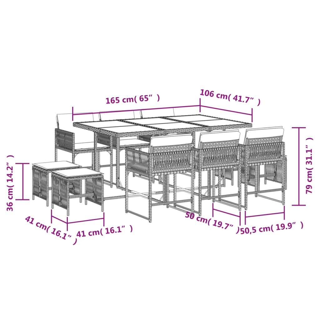 vidaXL 11-tlg. Garten-Essgruppe mit Kissen Hellgrau Poly Rattan
