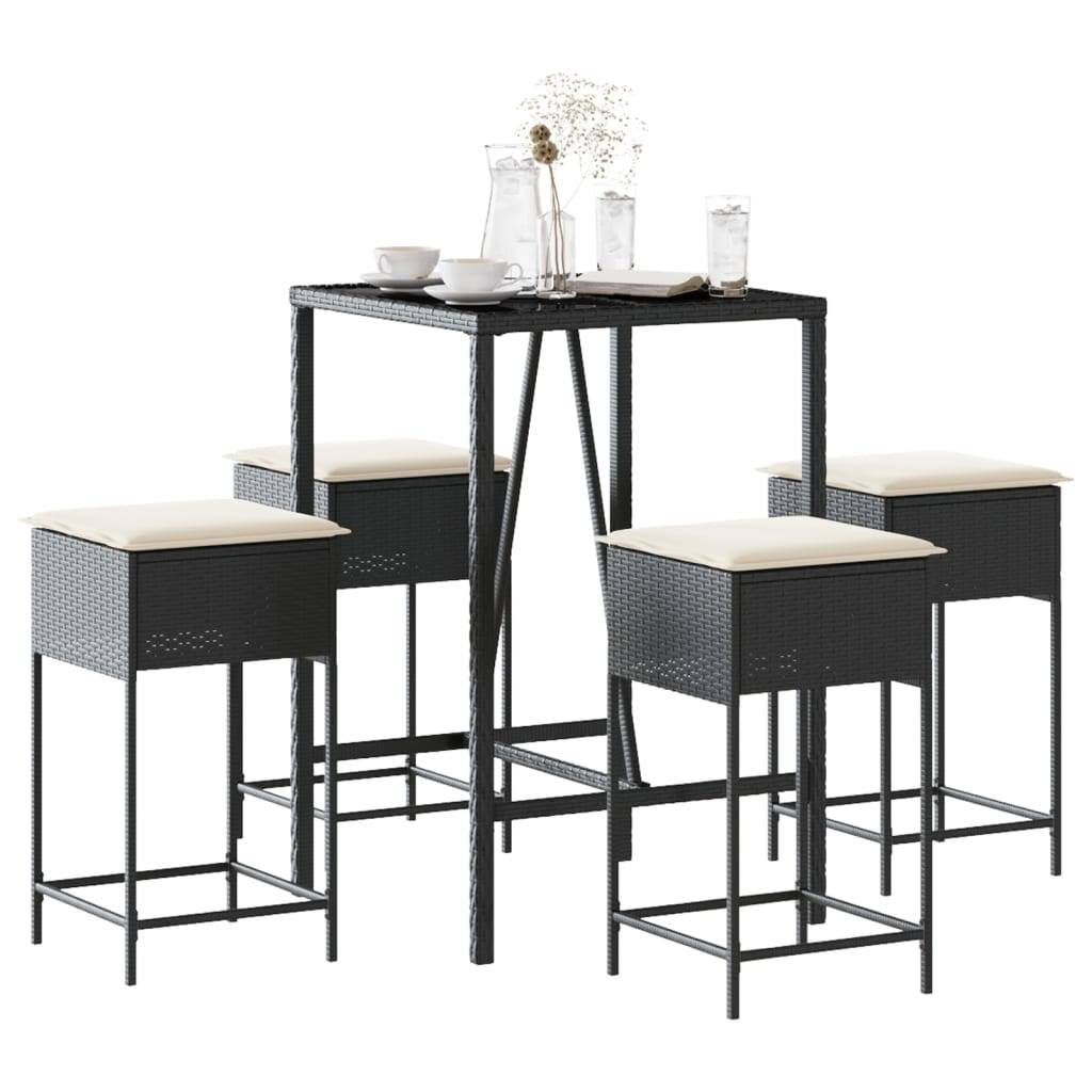 vidaXL 5-tlg. Gartenbar-Set mit Kissen Schwarz Poly Rattan