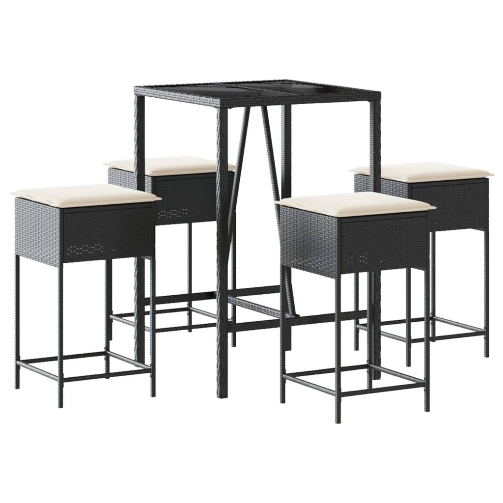 vidaXL 5-tlg. Gartenbar-Set mit Kissen Schwarz Poly Rattan