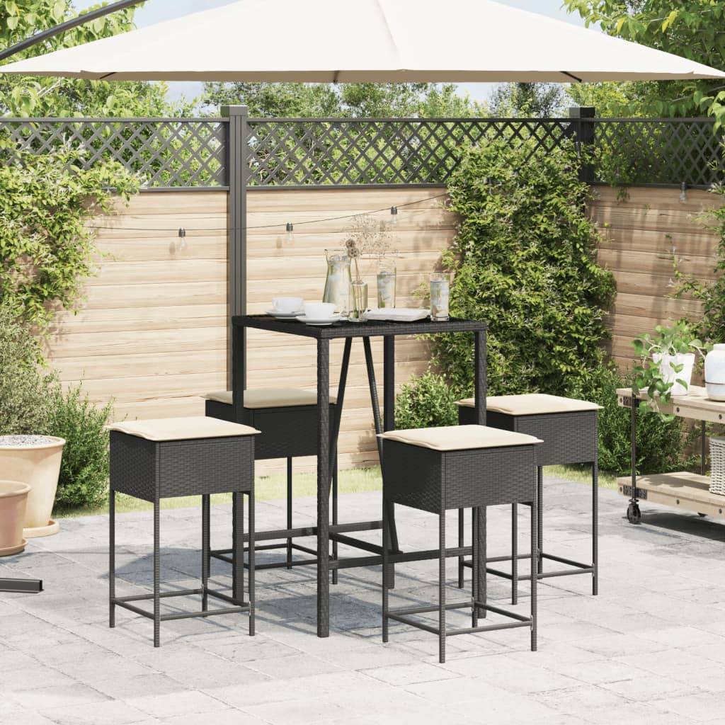vidaXL 5-tlg. Gartenbar-Set mit Kissen Schwarz Poly Rattan