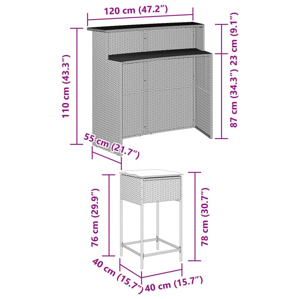 vidaXL 5-tlg. Gartenbar-Set mit Kissen Grau Poly Rattan