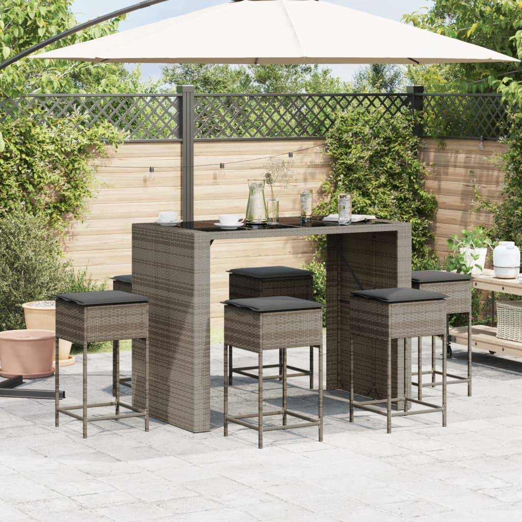 vidaXL 7-tlg. Gartenbar-Set mit Kissen Grau Poly Rattan