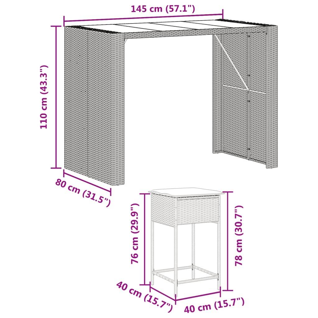 vidaXL 7-tlg. Gartenbar-Set mit Kissen Grau Poly Rattan