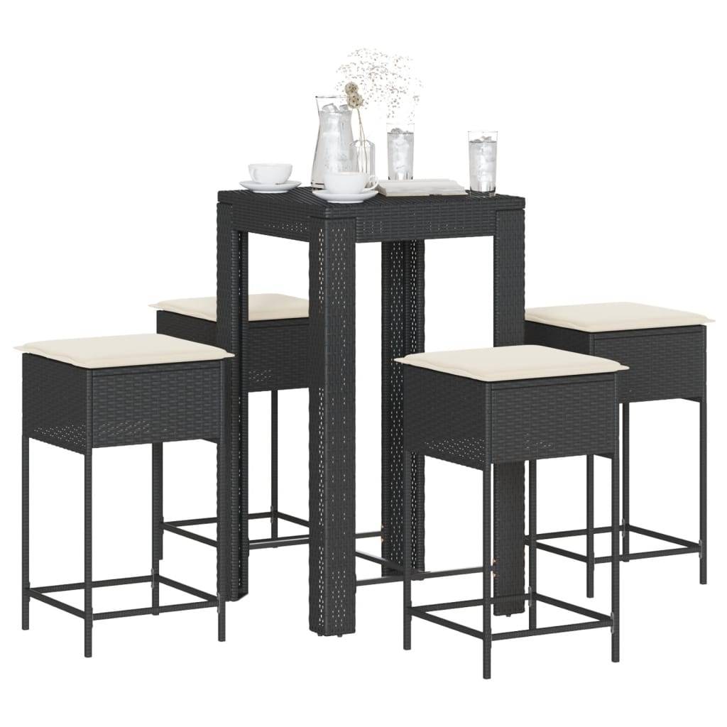 vidaXL 5-tlg. Gartenbar-Set mit Kissen Schwarz Poly Rattan