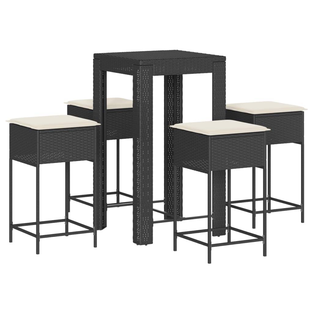 vidaXL 5-tlg. Gartenbar-Set mit Kissen Schwarz Poly Rattan