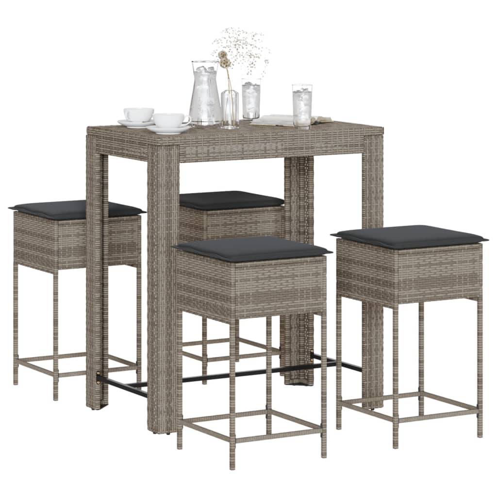 vidaXL 5-tlg. Gartenbar-Set mit Kissen Grau Poly Rattan