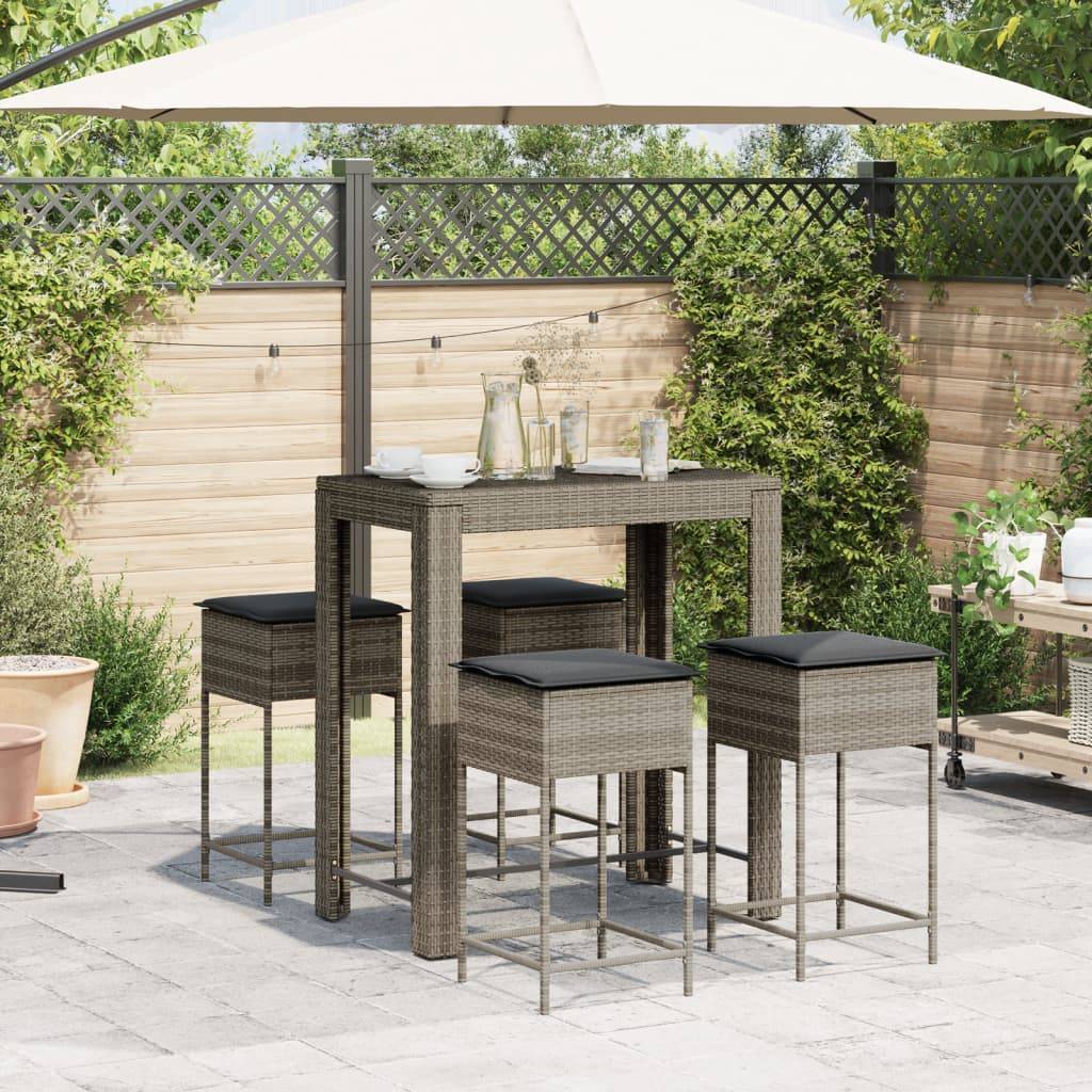 vidaXL 5-tlg. Gartenbar-Set mit Kissen Grau Poly Rattan