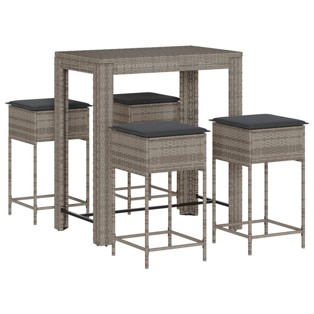 vidaXL 5-tlg. Gartenbar-Set mit Kissen Grau Poly Rattan