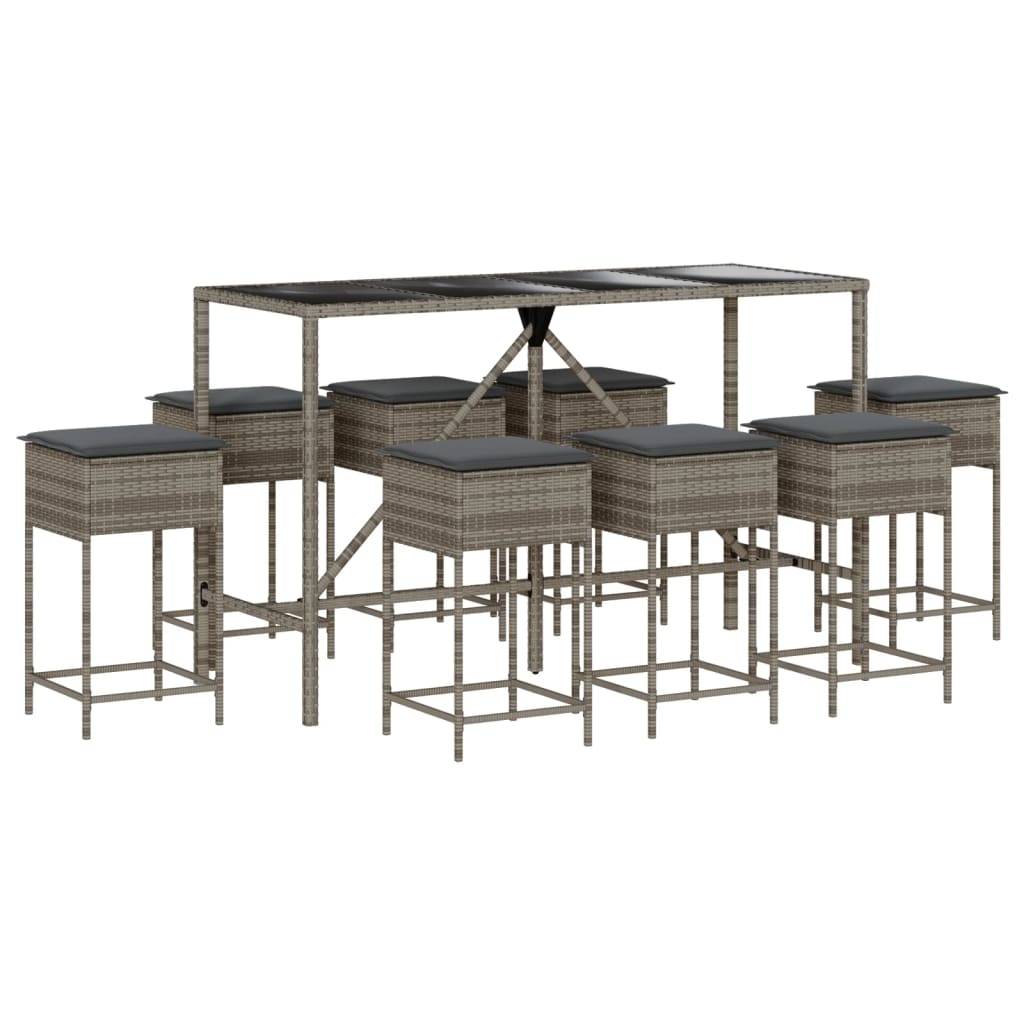 vidaXL 9-tlg. Gartenbar-Set mit Kissen Grau Poly Rattan