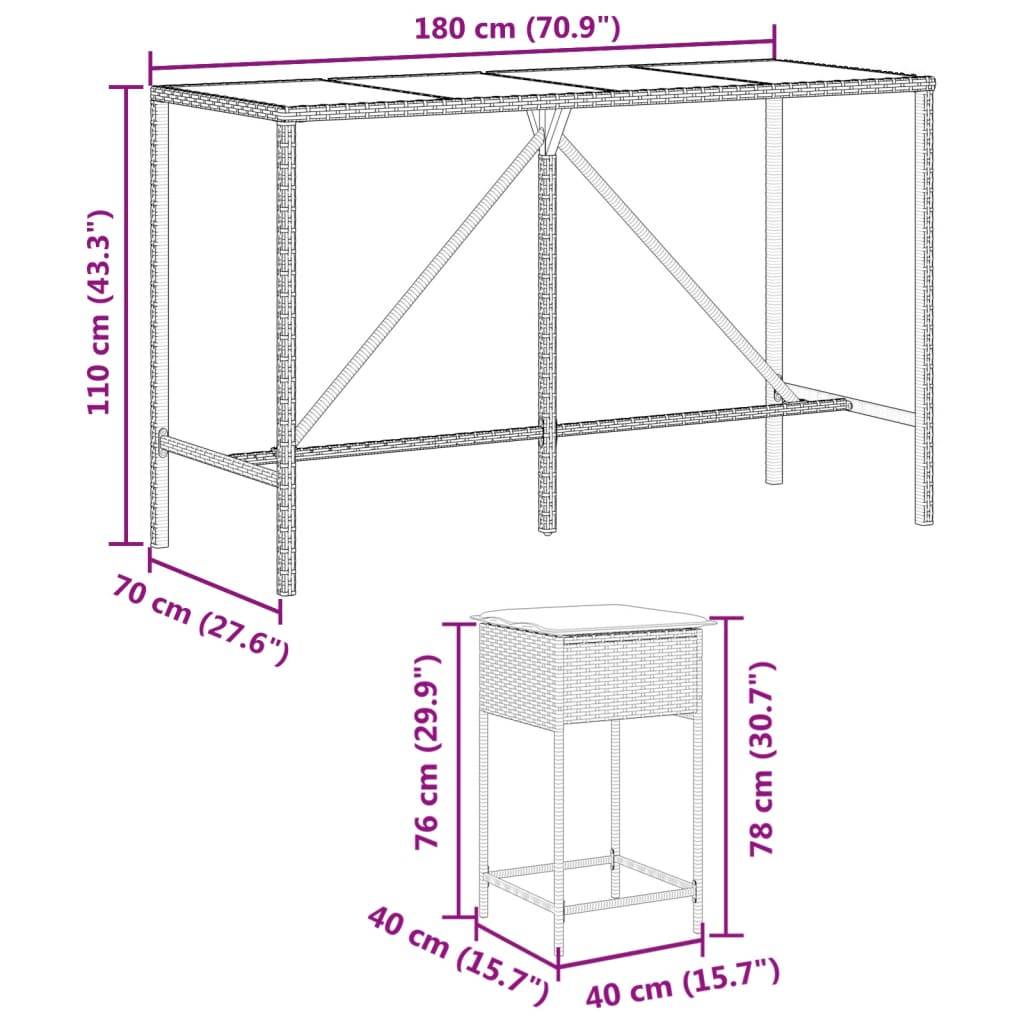 vidaXL 9-tlg. Gartenbar-Set mit Kissen Grau Poly Rattan