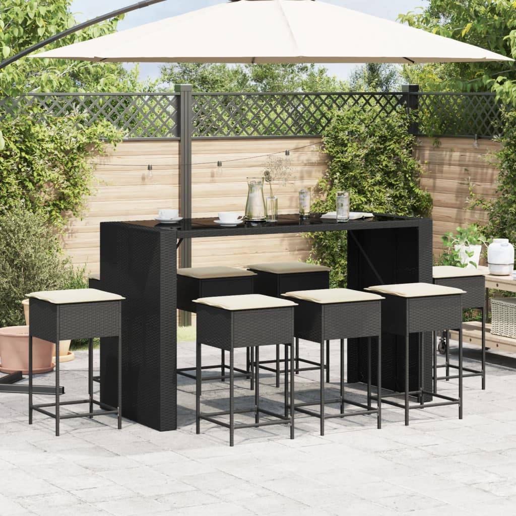 vidaXL 9-tlg. Gartenbar-Set mit Kissen Schwarz Poly Rattan
