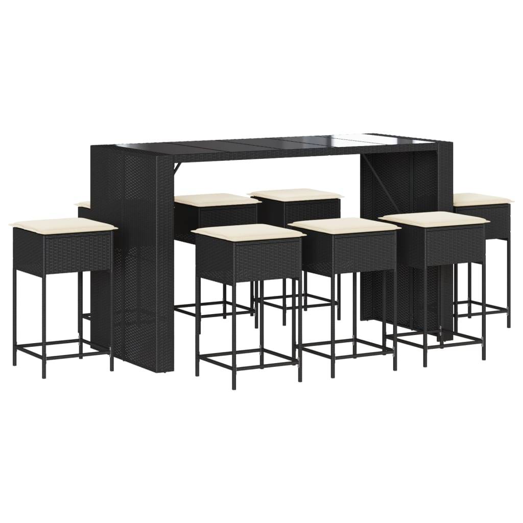 vidaXL 9-tlg. Gartenbar-Set mit Kissen Schwarz Poly Rattan