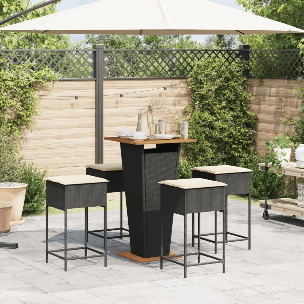 vidaXL 5-tlg. Gartenbar-Set mit Kissen Schwarz Poly Rattan