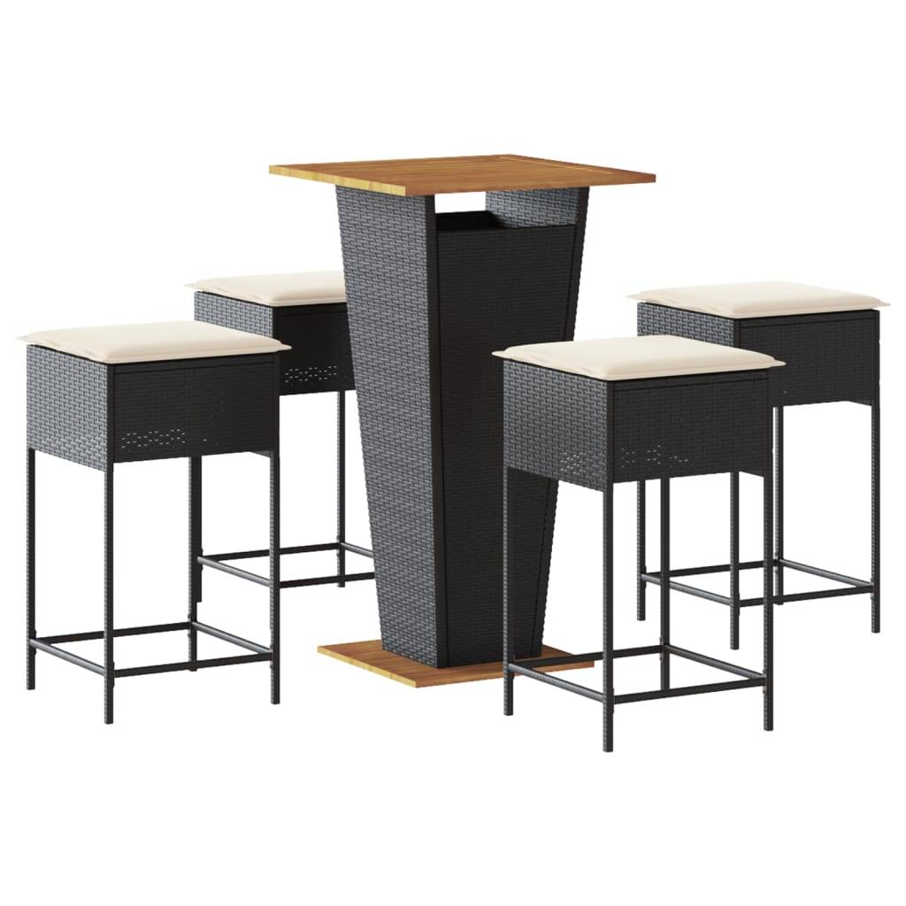 vidaXL 5-tlg. Gartenbar-Set mit Kissen Schwarz Poly Rattan