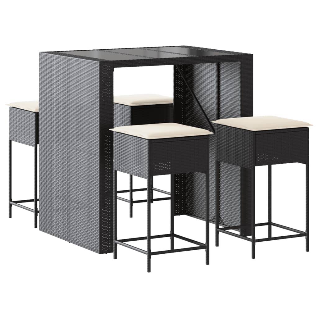 vidaXL 5-tlg. Gartenbar-Set mit Kissen Schwarz Poly Rattan