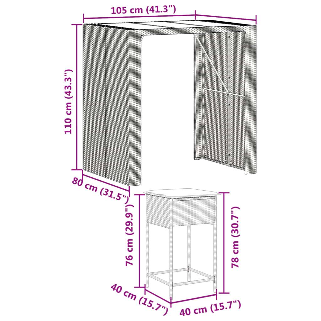 vidaXL 5-tlg. Gartenbar-Set mit Kissen Schwarz Poly Rattan