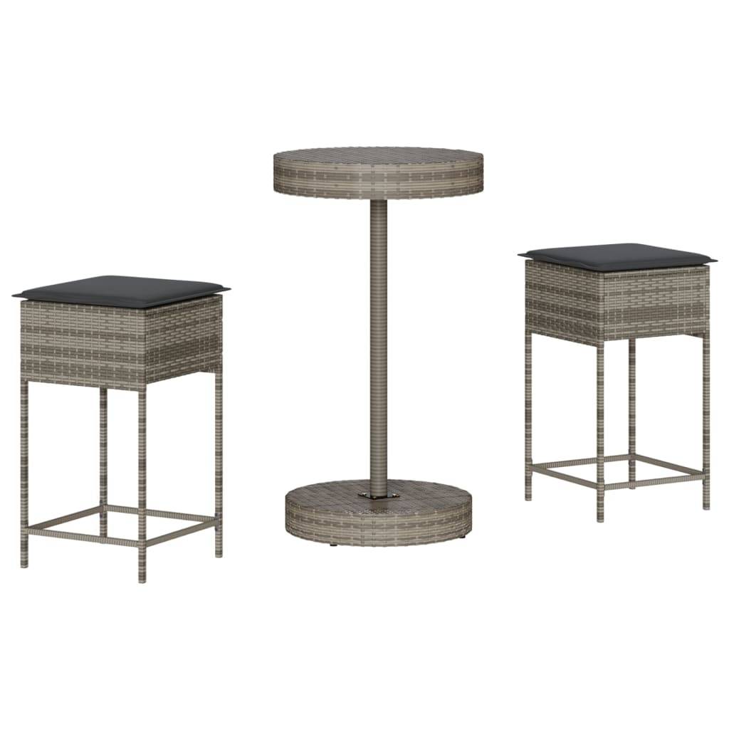 vidaXL 3-tlg. Gartenbar-Set mit Kissen Grau Poly Rattan
