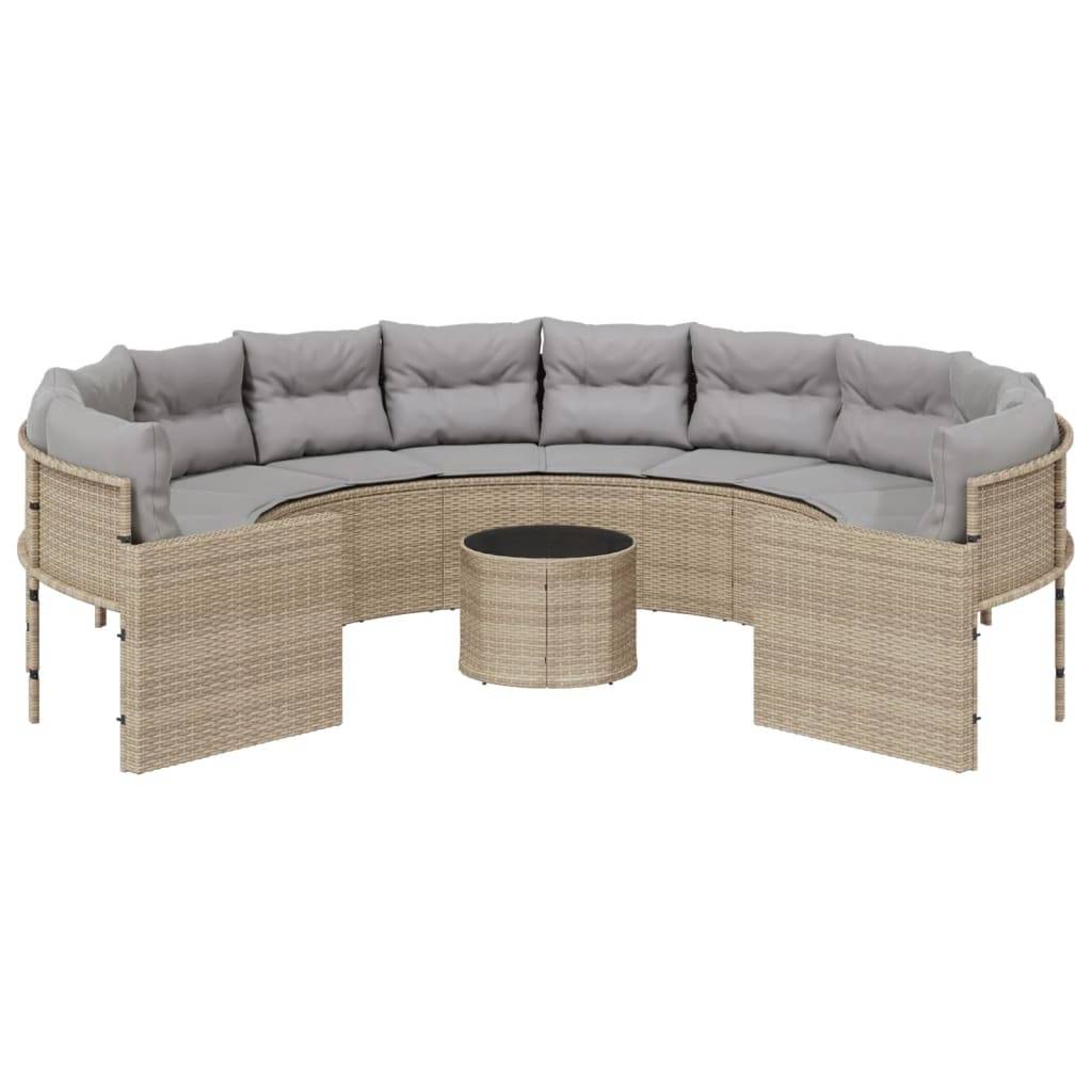 vidaXL Gartensofa mit Tisch und Kissen Rund Beige Poly-Rattan
