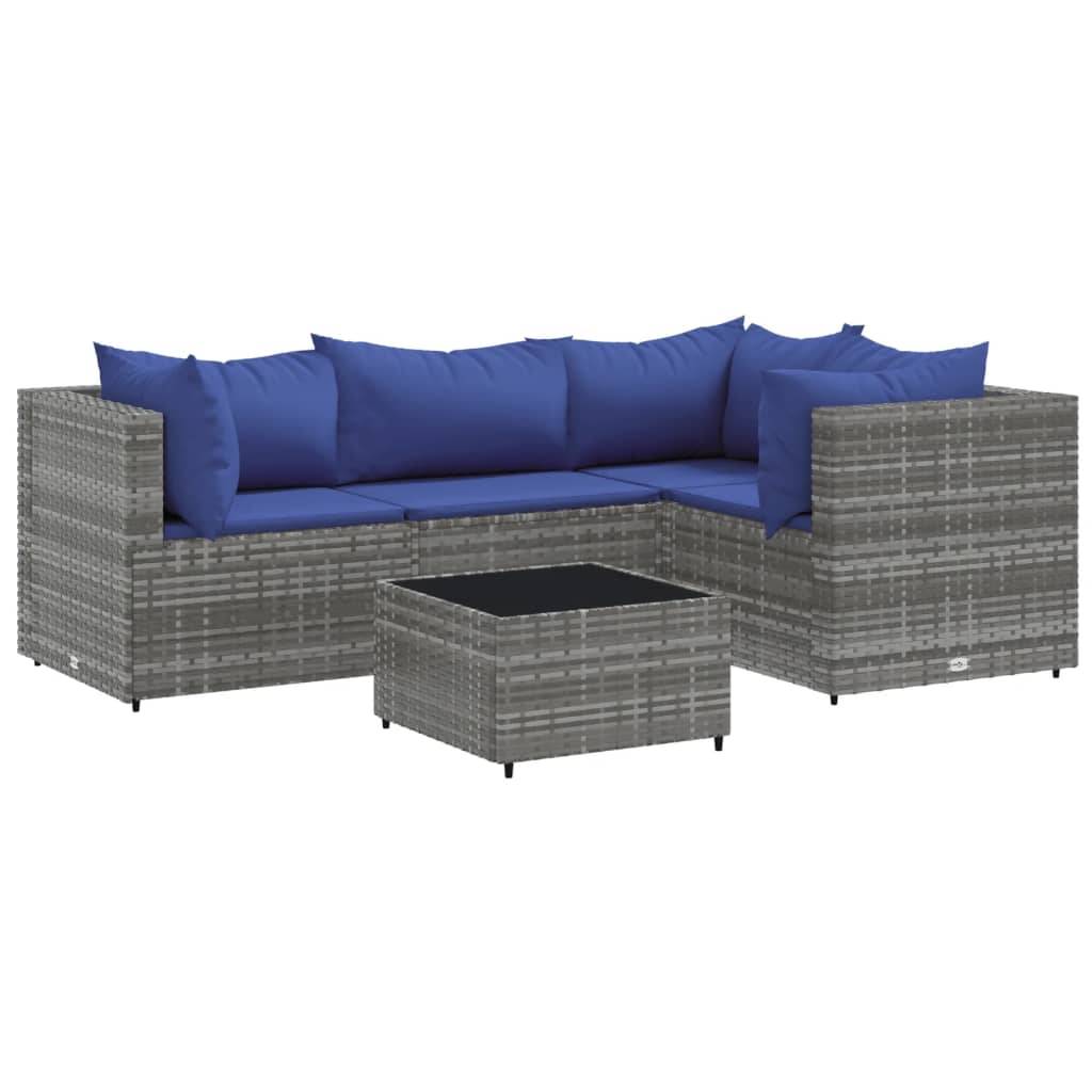 vidaXL 5-tlg. Garten-Lounge-Set mit Kissen Grau Poly Rattan