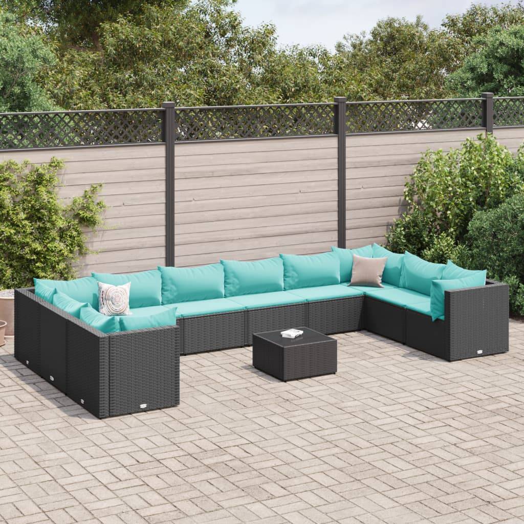 vidaXL 11-tlg. Garten-Lounge-Set mit Kissen Schwarz Poly Rattan