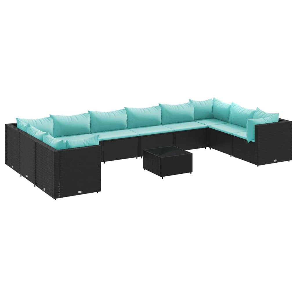 vidaXL 11-tlg. Garten-Lounge-Set mit Kissen Schwarz Poly Rattan