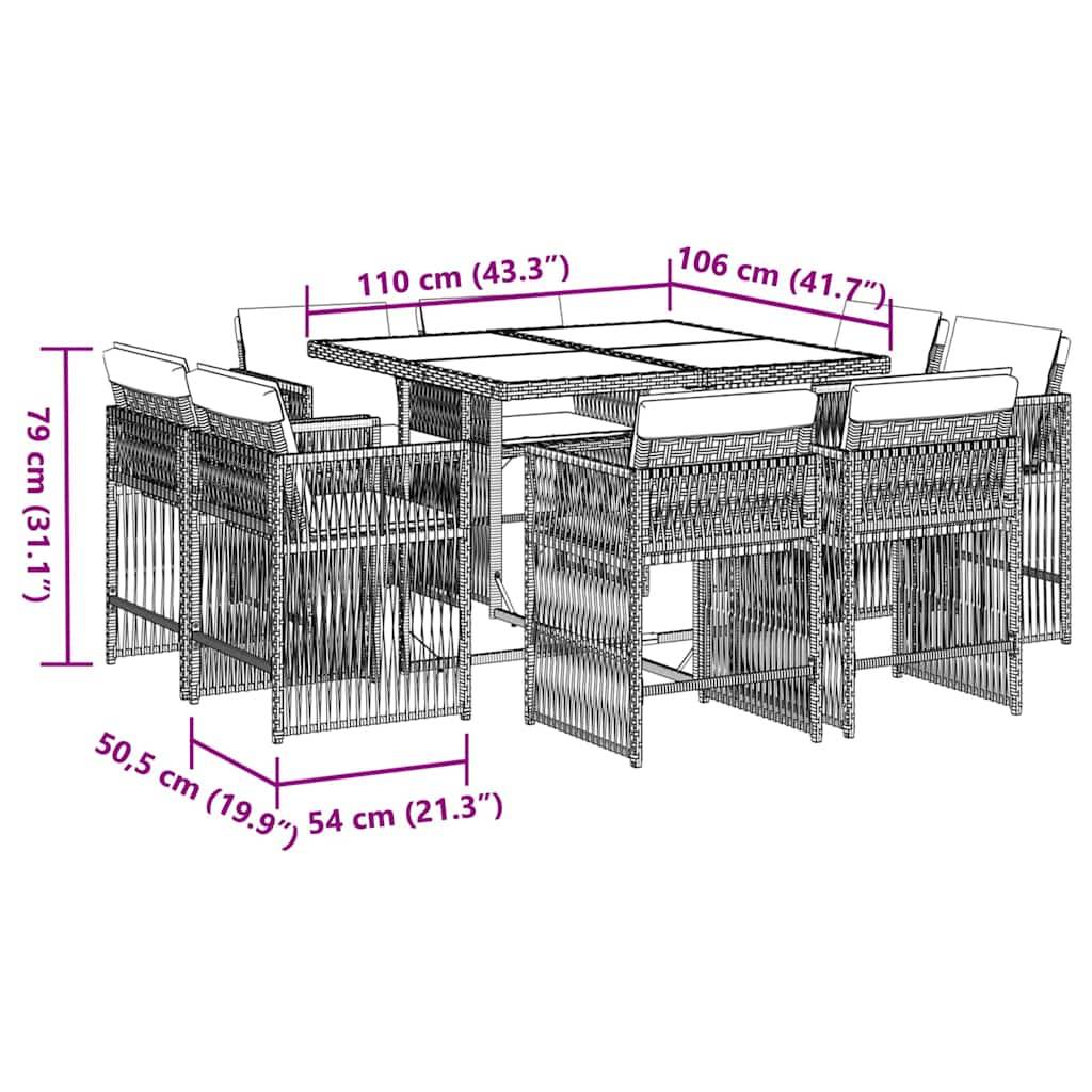 vidaXL 9-tlg. Garten-Essgruppe mit Kissen Braun Poly Rattan