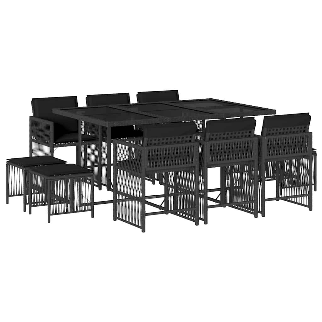 vidaXL 11-tlg. Garten-Essgruppe mit Kissen Schwarz Poly Rattan