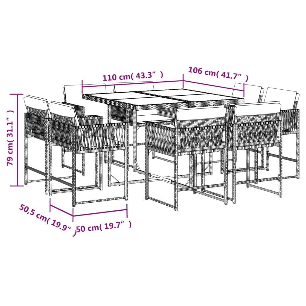 vidaXL 9-tlg. Garten-Essgruppe mit Kissen Schwarz Poly Rattan