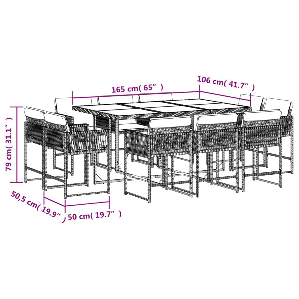 vidaXL 11-tlg. Garten-Essgruppe mit Kissen Braun Poly Rattan