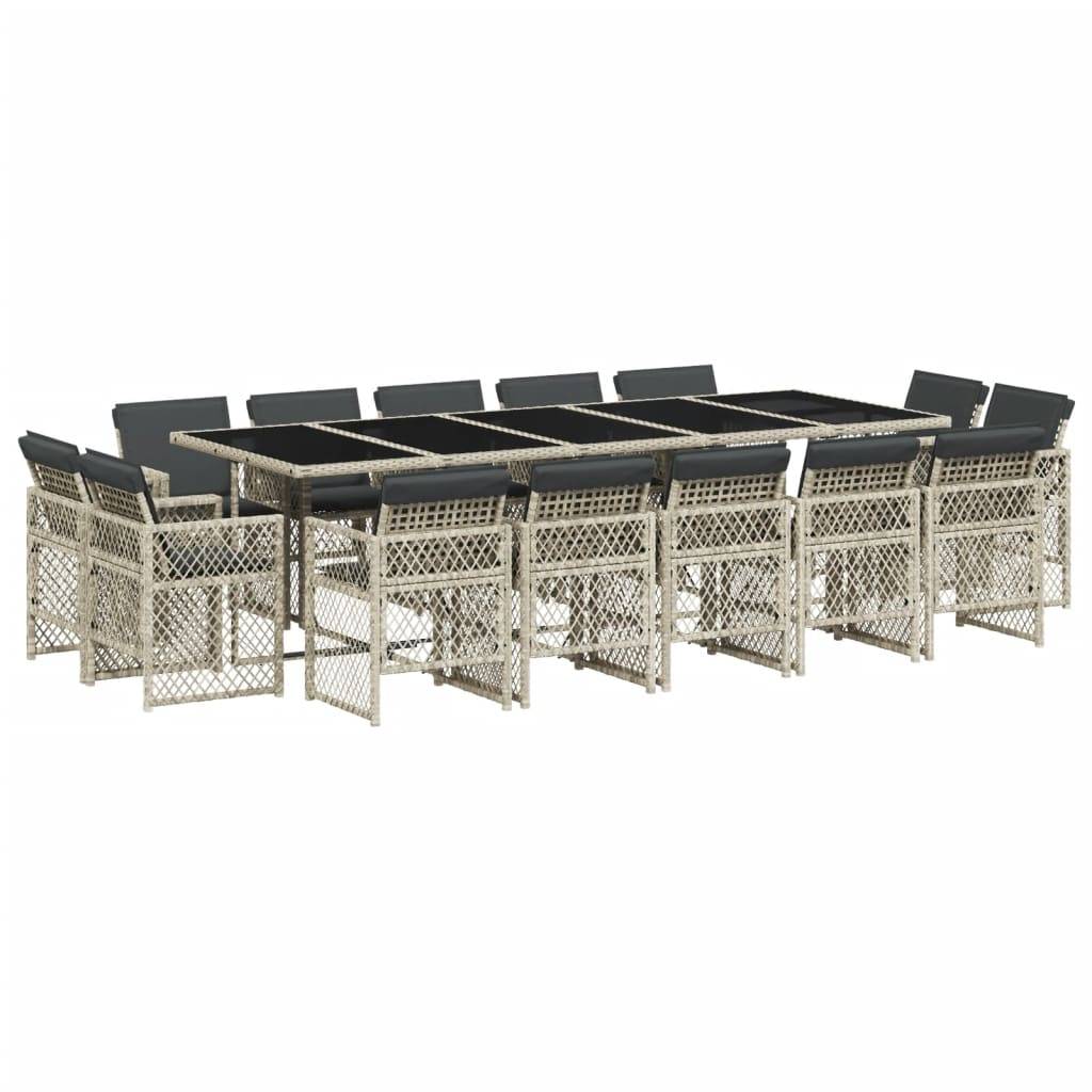 vidaXL 15-tlg. Garten-Essgruppe mit Kissen Hellgrau Poly Rattan