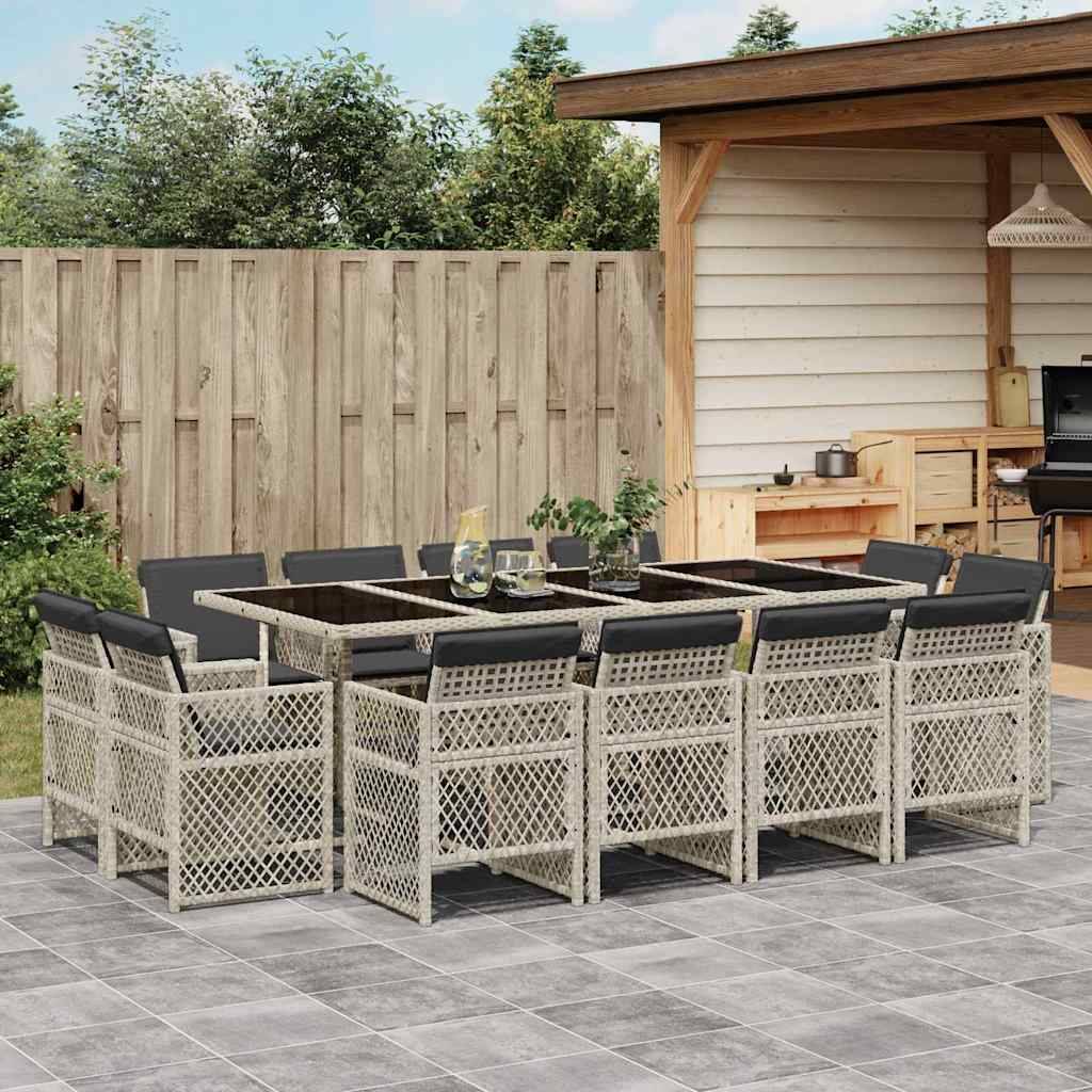 vidaXL 13-tlg. Garten-Essgruppe mit Kissen Hellgrau Poly Rattan