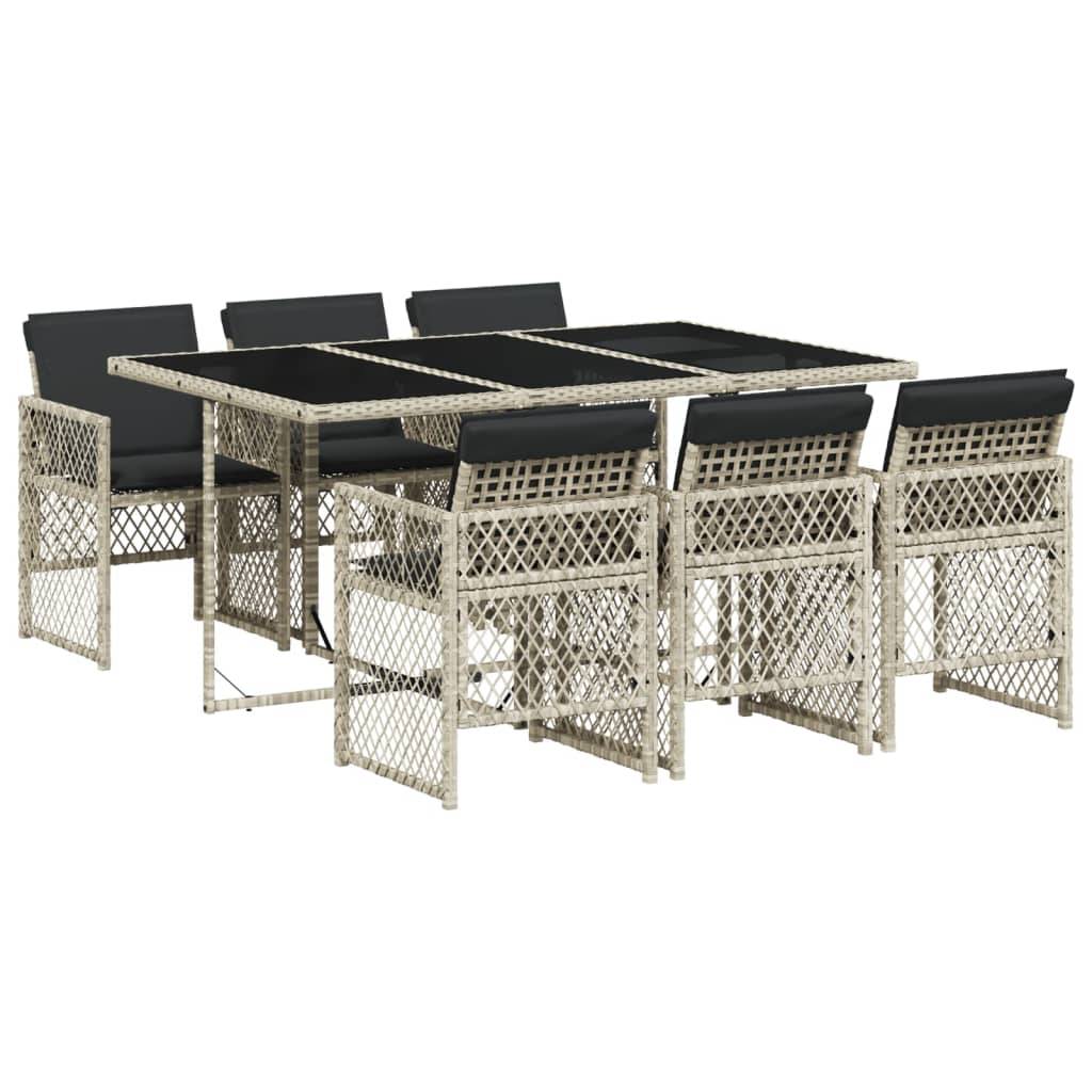 vidaXL 7-tlg. Garten-Essgruppe mit Kissen Hellgrau Poly Rattan