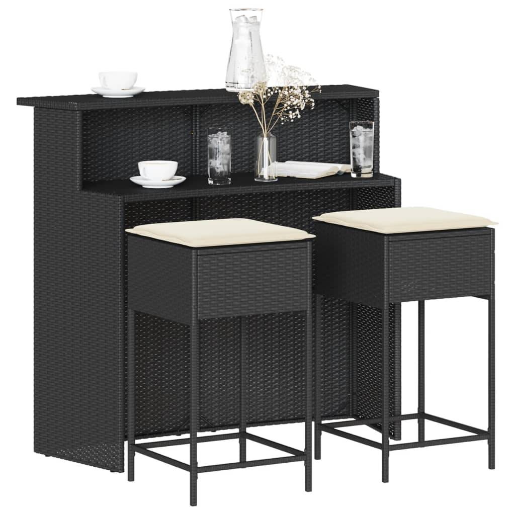 vidaXL 3-tlg. Gartenbar-Set mit Kissen Schwarz Poly Rattan