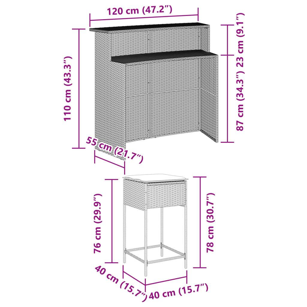 vidaXL 3-tlg. Gartenbar-Set mit Kissen Braun Poly Rattan