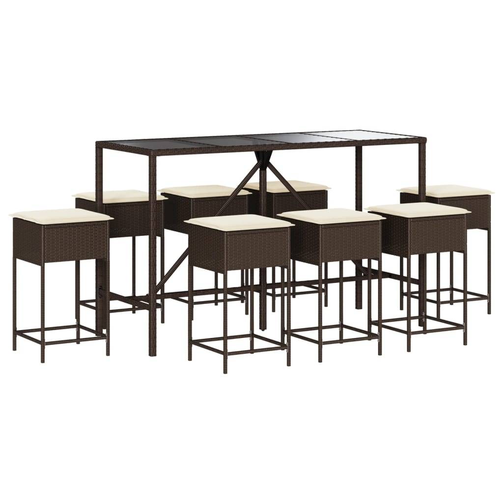vidaXL 9-tlg. Gartenbar-Set mit Kissen Braun Poly Rattan