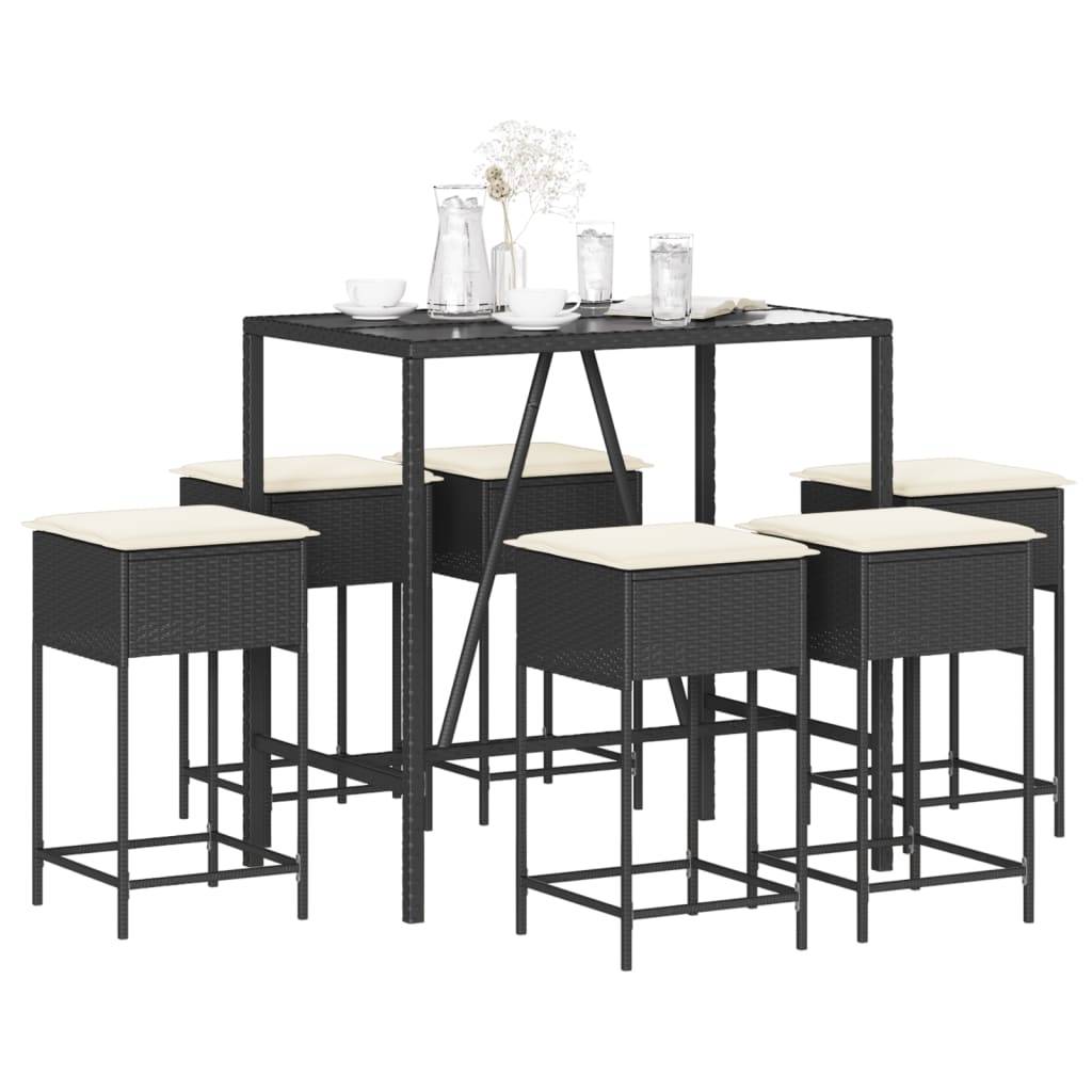 vidaXL 7-tlg. Gartenbar-Set mit Kissen Schwarz Poly Rattan