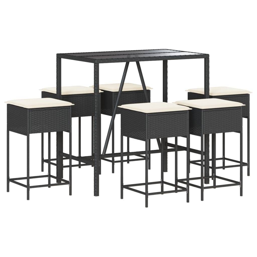 vidaXL 7-tlg. Gartenbar-Set mit Kissen Schwarz Poly Rattan