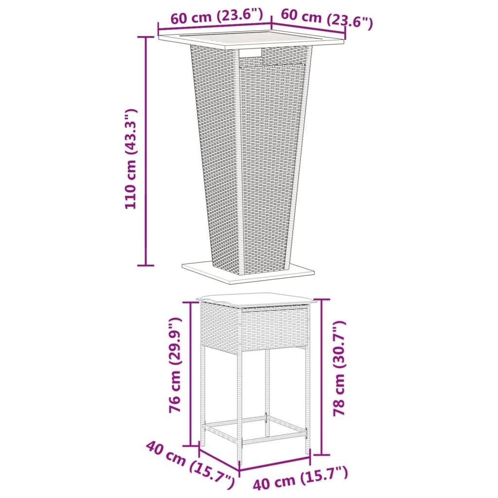 vidaXL 3-tlg. Gartenbar-Set mit Kissen Grau Poly Rattan