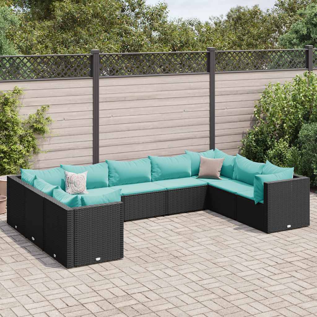 vidaXL 9-tlg. Garten-Lounge-Set mit Kissen Schwarz Poly Rattan