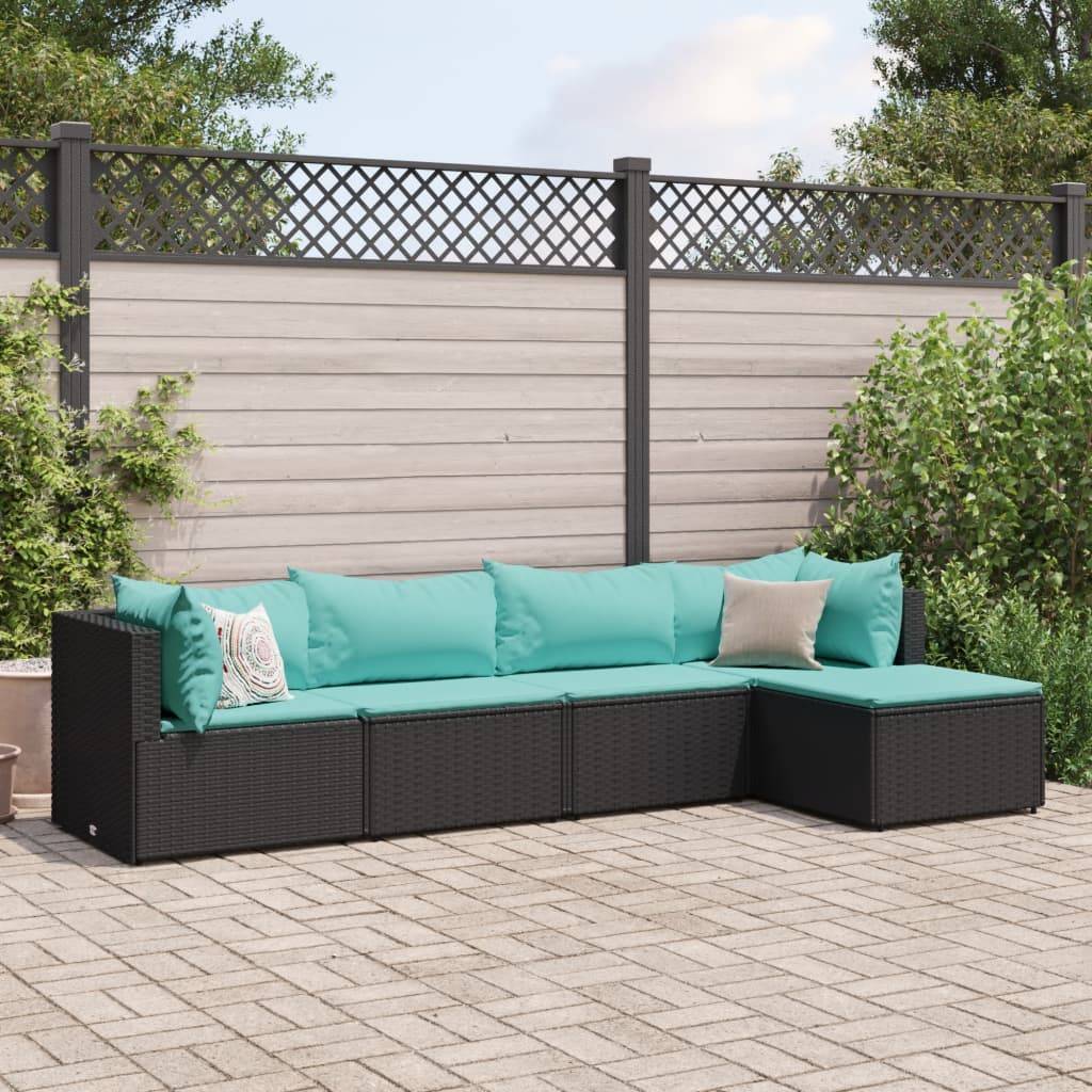vidaXL 5-tlg. Garten-Lounge-Set mit Kissen Schwarz Poly Rattan